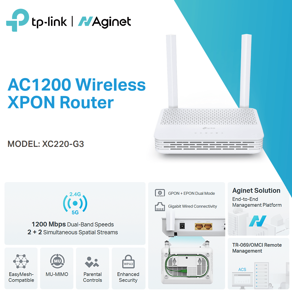 TP-Link Aginet XC220-G3 AC1200 Wireless XPON Router Dual-Band 1.2Gbps WiFi, 300Mbps 2.4GHz, 867Mbps 5GHz, GPON+EPON Dual Mode, 2× Gigabit LAN, MU-MIMO, EasyMesh, WPA3 Security, Parental Controls, TR-069/OMCI