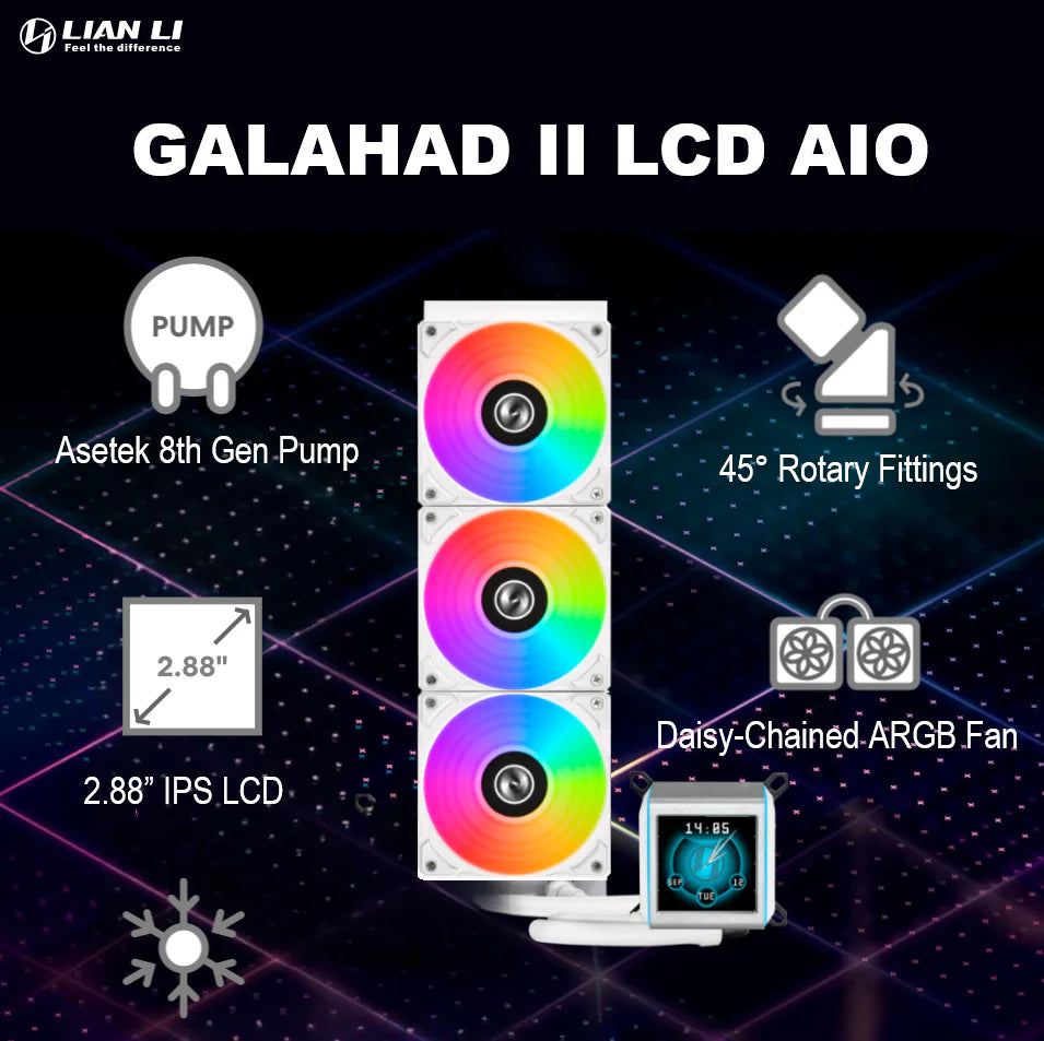 Lian Li GA Galahad II 360 AIO ARGB White Liquid Cooler With 2.88” IPS LCD, Asetek 8th Gen Pump, ARGB Daisy-Chained Fans, Screen Recording, L-Connect 3, 3600 RPM | GA2ALCD36W