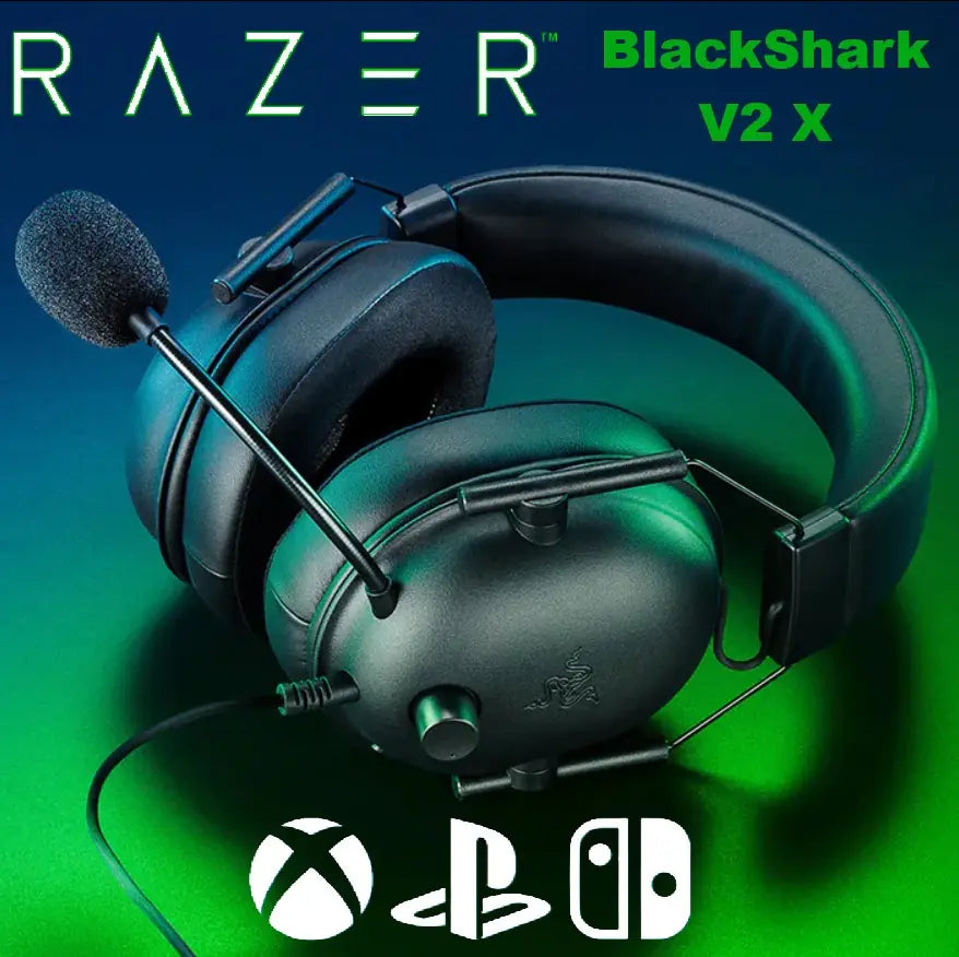 Razer BlackShark V2 X – Wired Esports Headset for PlayStation console PS5 , SWITCH , XBOX , & PC ; Razer™ HyperClear Cardioid Microphone ; 50mm Razer™ TriForce Drivers ; Passive noise cancellation ; 3.5mm connector ; 240g| Black