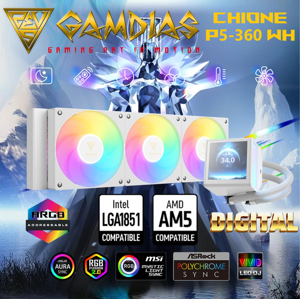 GAMDIAS CHIONE P5-360 WH AIO ARGB Liquid Cooler – 3.4” IPS LCD, 360mm Radiator, ARGB PWM Fans, Rotatable Display, Upgraded Cooling System, Universal Compatibility, Hidden Cable Routing, Motherboard Sync | WHITE