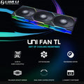 Lian Li UNI Fan TL 120 Infinity Mirror LCP Case Fans ; UNI FAN Interlocking System ; Daisy -Chain Style ; LCP Fan Blades ; Fluid Dynamic Bearing ; Triple Pack with Controller | BLACK 12TL3B
