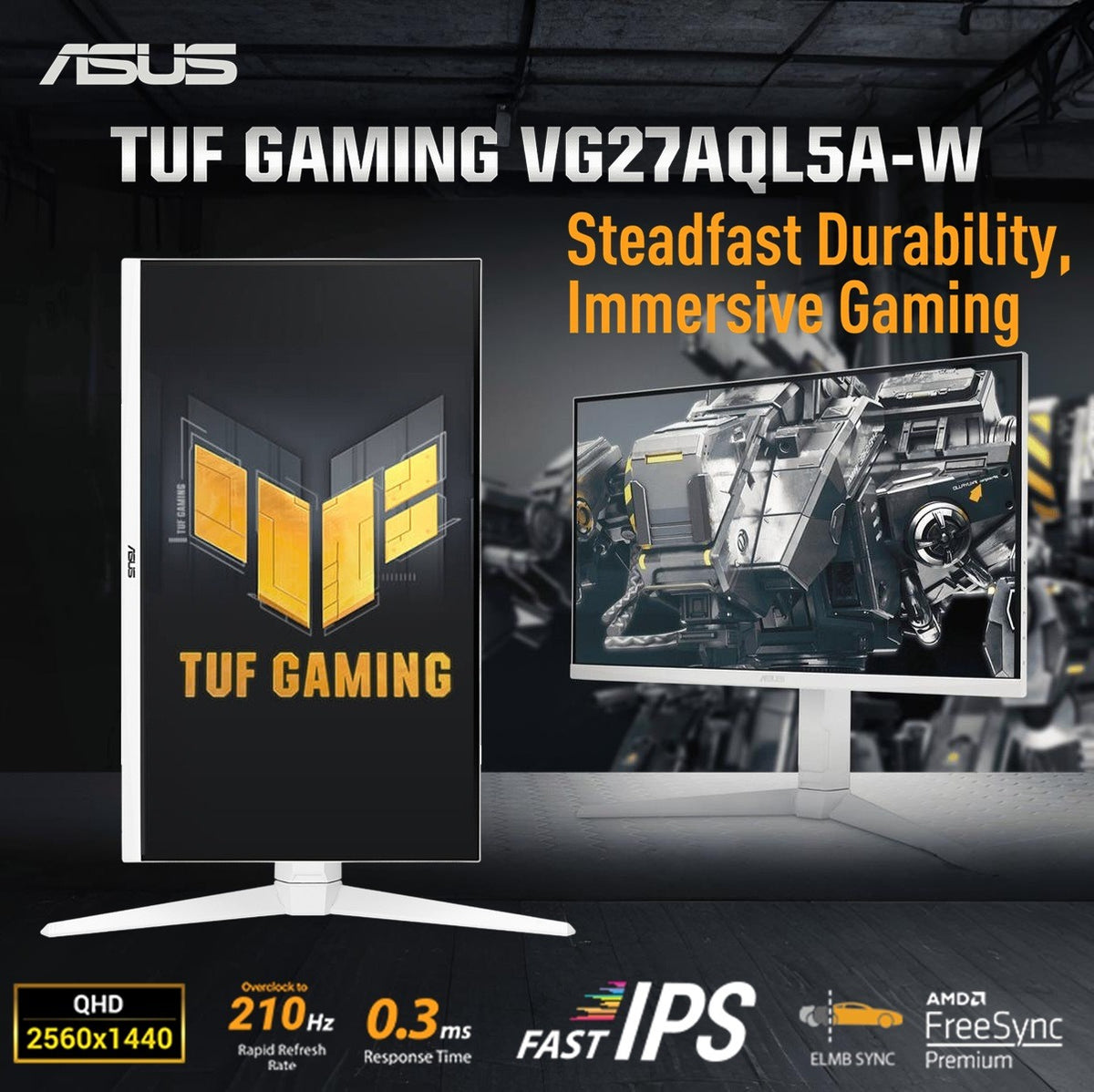 ASUS TUF VG27AQL5A-W Series 5 White Gaming Monitor – 27-inch, QHD(2560×1440), 210Hz(OC), Fast IPS, ELMB SYNC, 0.3ms GTG (min.), Stereo speaker, DisplayWidget Center, Gaming AI, 4-Way Adjustable Stand
