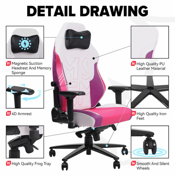 APEX SEAT TOKYO-GT Gaming Chair : Pro Racing Throne With Leather+Velvet+Suede Shell , 4D Armrest ,  Frog Mechanism & Class-4 Gas Lift , 90–141° Recline, 160 Kgs Max , Lumbar Pillow and Magnetic Headrest Included | WHITE & MAGENTA VARIANTS ~ AP-2108R