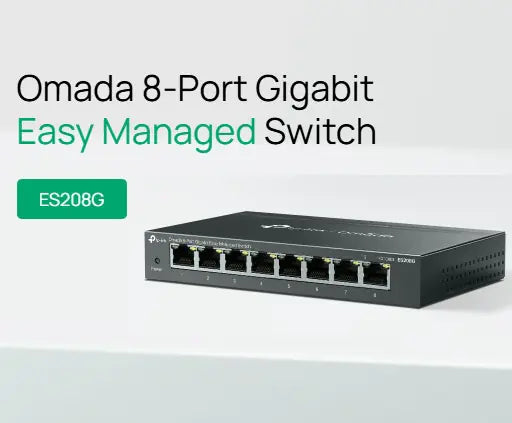 TP-Link Omada ES208G 8-Port Gigabit Easy Managed Switch, Fanless, Cloud Managed, VLAN, QoS, Port Isolation, Cable Test, Loop Prevention, Compact Metal Design