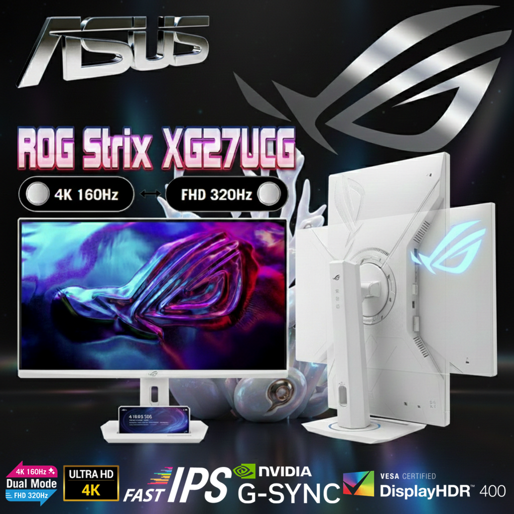 ASUS ROG Strix XG27UCG-W Dual mode 27-inch Gaming Monitor – Switch Between 4K 160Hz or FHD 320Hz , 1ms (GTG), Fast IPS, USB Type-C, G-Sync , DisplayWidget Center, tripod socket, HDR, Aura Sync , Fully Adjustable Stand | WHITE ~ USED