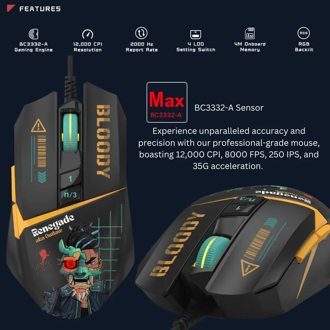BLOODY RENEGADE W63MAX RGB Gaming Mouse – 12K BC3332-A Sensor, 2000Hz Report Rate, LOD Switch, 6 Weapon Modes, 4M Macro Memory, RGB Lighting, 35G Acceleration, Black
