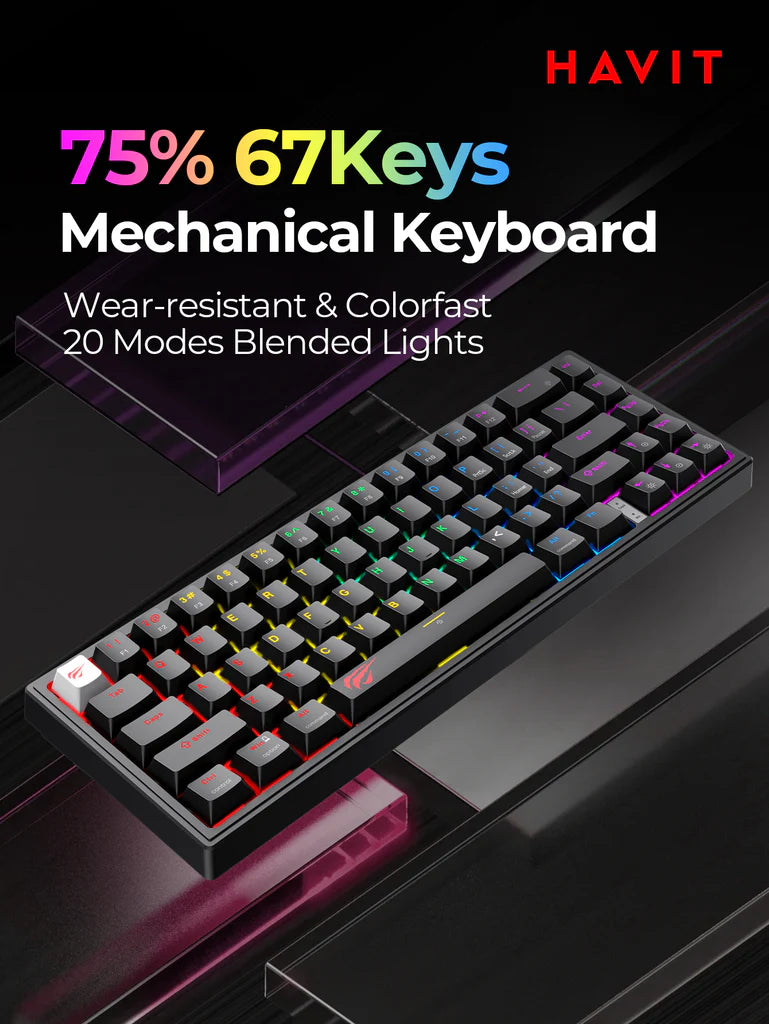 Havit KB874L 75% Compact Blended Light Red Switch Mechanical Keyboard With 67 Keys, 20 Lighting Modes, All Keys Roll-Over, USB Interface, 50M Key Life & Durable Dual-Color Molding | BLACK