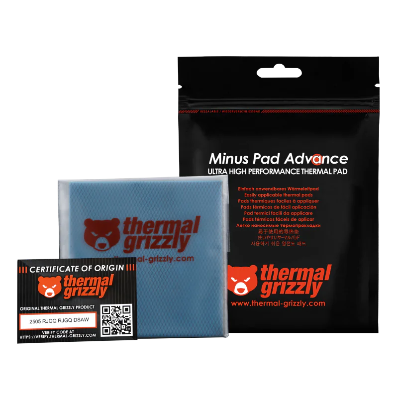 Thermal Grizzly Minus Pad Advance 100x100x0.5mm (2-Pack) – High Compressibility, Non-Conductive, Enhanced Thermal Pad for SSDs, VRM, GPU Coolers, and Electronics