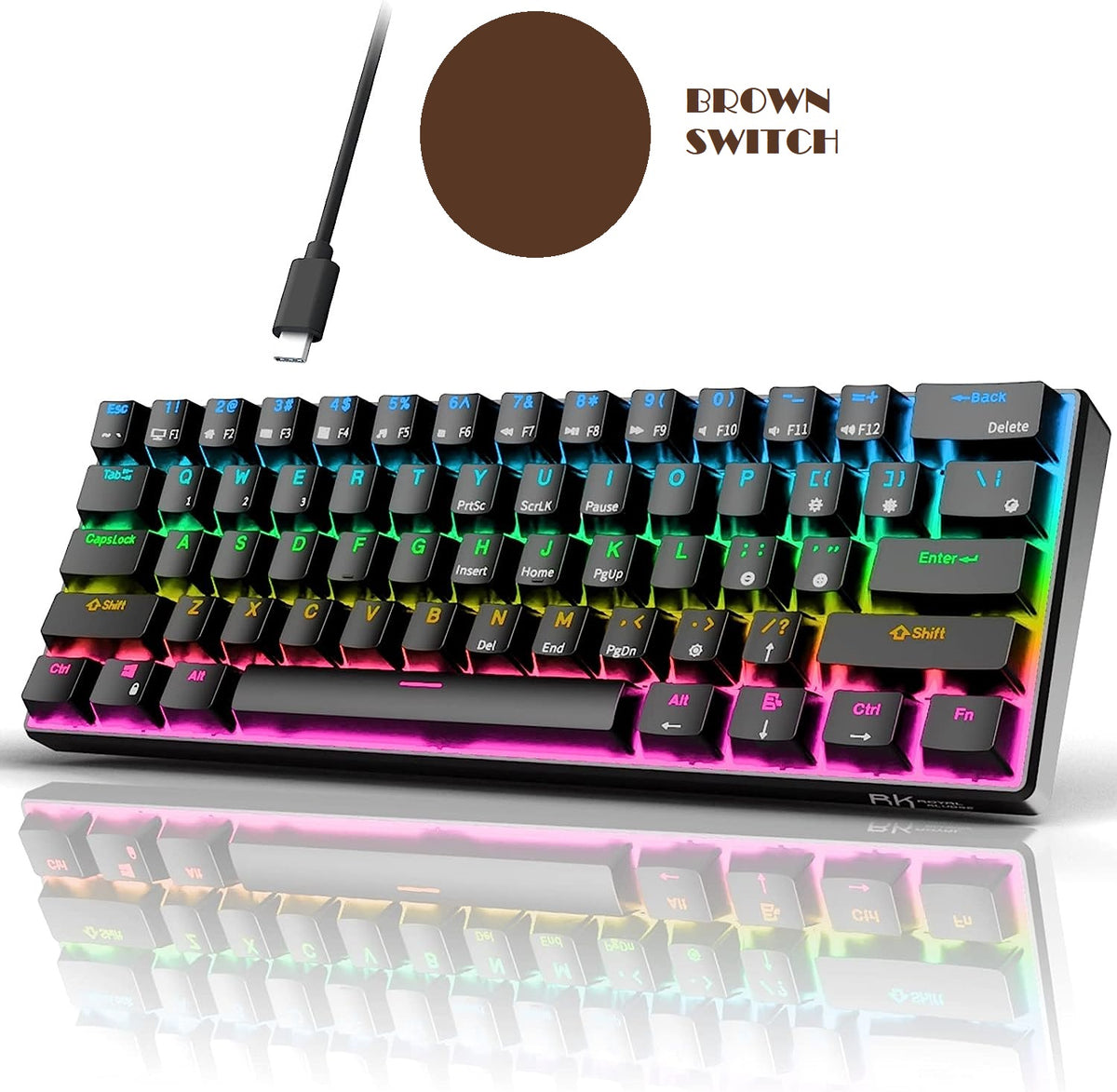 RK ROYAL KLUDGE RK61 61 Keys Mechanical Keyboard , 3 Connection Modes USB-2.4Ghz/Bluetooth/Wired/ Wireless – RGB Hot Swappable BROWN Switch Gaming Keyboard – Arabic / English – BLACK
