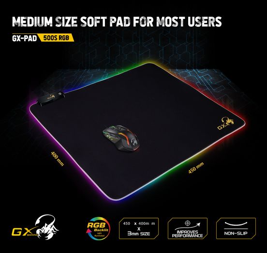 Genius GX-PAD 500S RGB Gaming Mouse Pad , Included 1.8m USB Cable – 3 Dynamic RGB modes and 7 Static lighting modes – Premium Smooth Surface, Non-Slip Rubber Base – 450 x 400 x 3mm