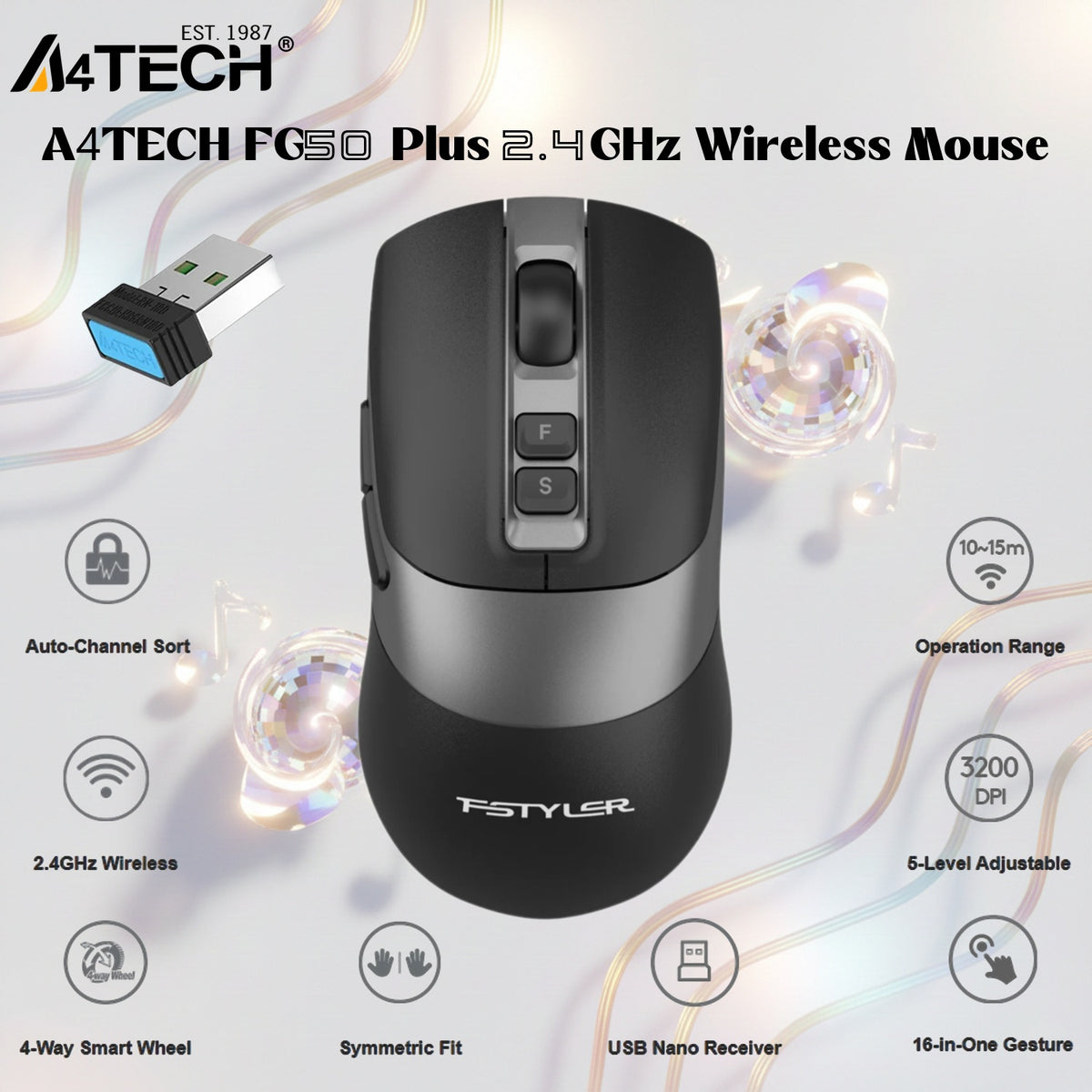 A4TECH FG50 Plus 2.4GHz Wireless Mouse, 3200 DPI, 7 Buttons, Optical Sensor 10–15m Range, 16-In-One Gesture, 4-Way Smart Wheel, Nano Receiver, Windows 10/11