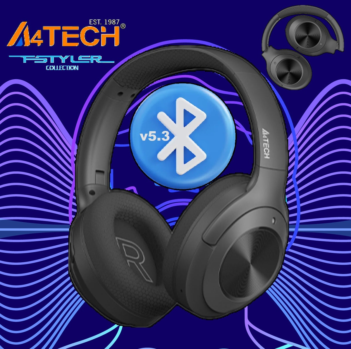 A4Tech BH220 Bluetooth v5.3 Wireless Headset – Up to 10m Range – Soft Mesh Fabric Padded Headband – Lightweight Ear Pads – USB Type C Rechargeable – 3 Ways Folding – Extended Play Time with 400mAh Battery – Black