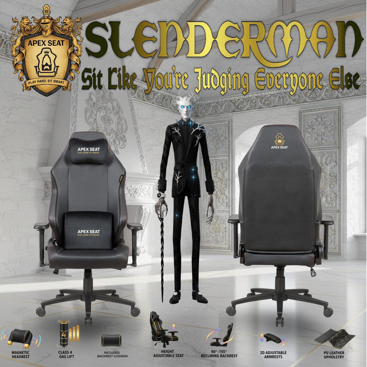 APEX SEAT SLENDERMAN Gaming Chair With PU Leather + Velvet + Suede Upholstery ,  90–155°  Recline , 2D Armrests,  Class 4 Gas Lift, Metal Frame , Memory Foam  , Backrest Cushion & Magnetic Headrest Included | SLEEK BLACK ~ AP-2155