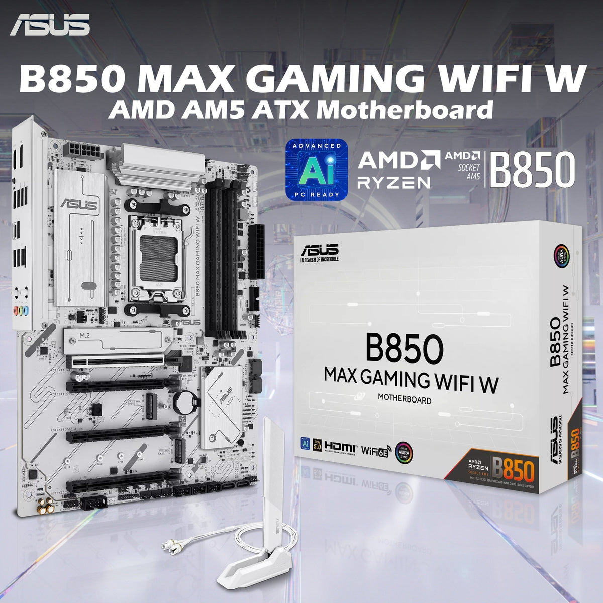ASUS B850 MAX GAMING WIFI W – AMD AM5 ATX Motherboard, For Ryzen 9000/8000/7000, DDR5 8000+ MT/s, PCIe 5.0 x16, Triple M.2, WiFi 6E, 2.5Gb LAN, USB 10Gbps Type-C, DisplayPort, HDMI, BIOS FlashBack, Aura Sync