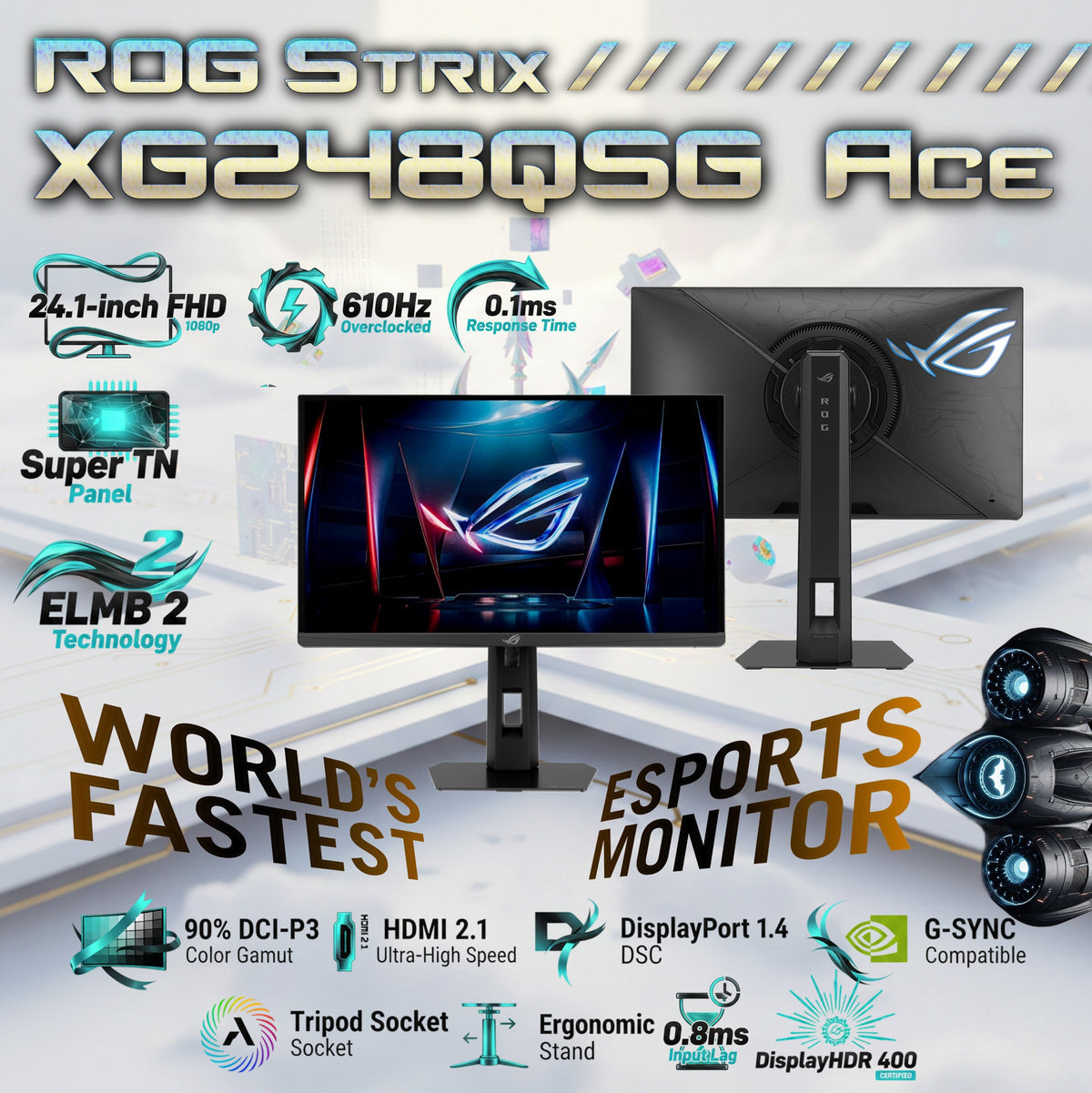 ASUS ROG Strix XG248QSG Ace 24.1 Inch FHD 610Hz OC 0.1ms Super TN Esports Gaming Monitor, ELMB 2, DisplayHDR 400, HDMI 2.1, DP 1.4 DSC, G-SYNC, FreeSync | BLACK