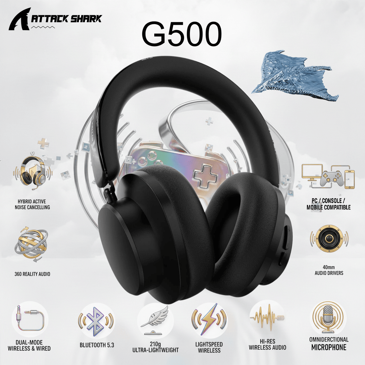 ATTACK SHARK G500 Ultra-Light Dual-Mode Gaming Headset With Bluetooth 5.3, 3.5mm Wired Connection, 210g Design, Hybrid Noise Cancelling, 40mm Drivers, Omnidirectional Mic | BLACK