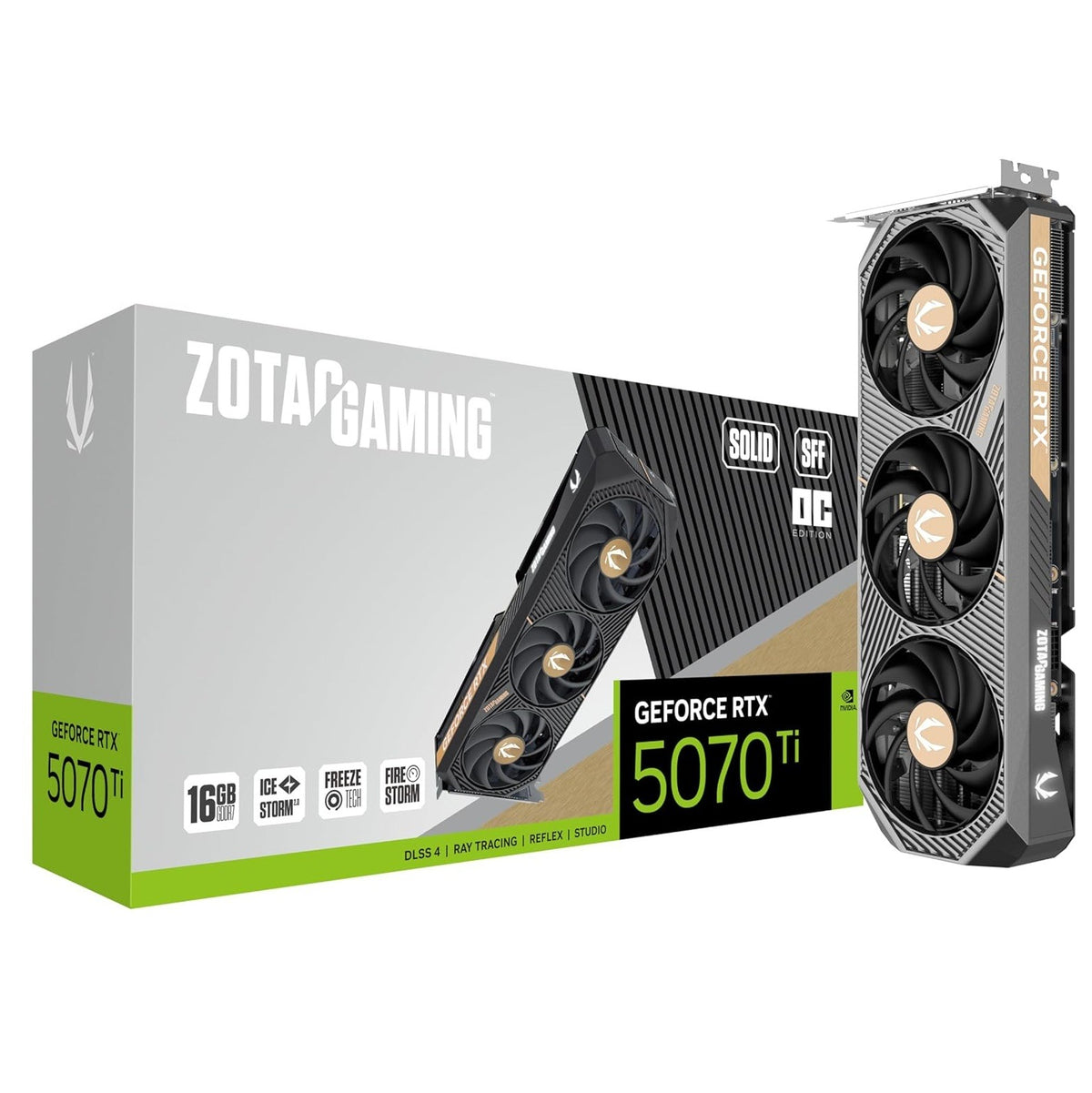 ZOTAC GAMING GeForce RTX™ 5070 Ti SOLID SFF OC 16GB GDDR7 Graphics Card With DLSS 4, PCIe 5.0, 2482 MHz Boost Clock , 8960 CUDA Cores, And IceStorm 2.0 Cooling | ZT-B50710J3-10P