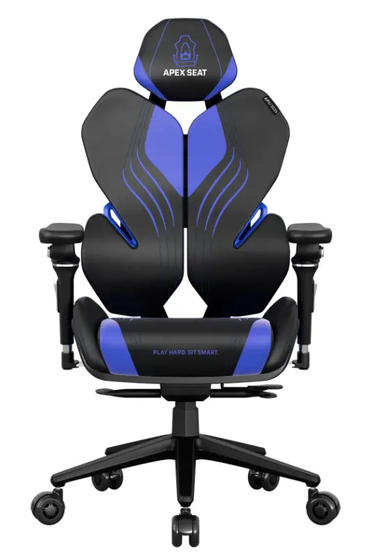 APEX SEAT EisenHart  Gaming Chair With 5D Chrome Armrests, Weight-Activated Recline, Customizable Multi-Tilt & Height , PU Casters, Matte Aluminum Base, Cashmere Leather Finish , 180KG Weight Capacity | Black with Indigo Accents