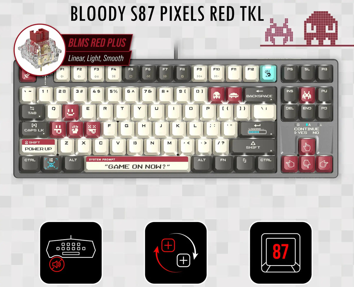 BLOODY S87 PIXELS RED TKL Gaming Keyboard – 87 Keys, RGB, Red BLMS Switch, Hot-Swappable, White Backlit, 4M Onboard Memory, PBT Keycaps, N-Key Rollover, Wired USB