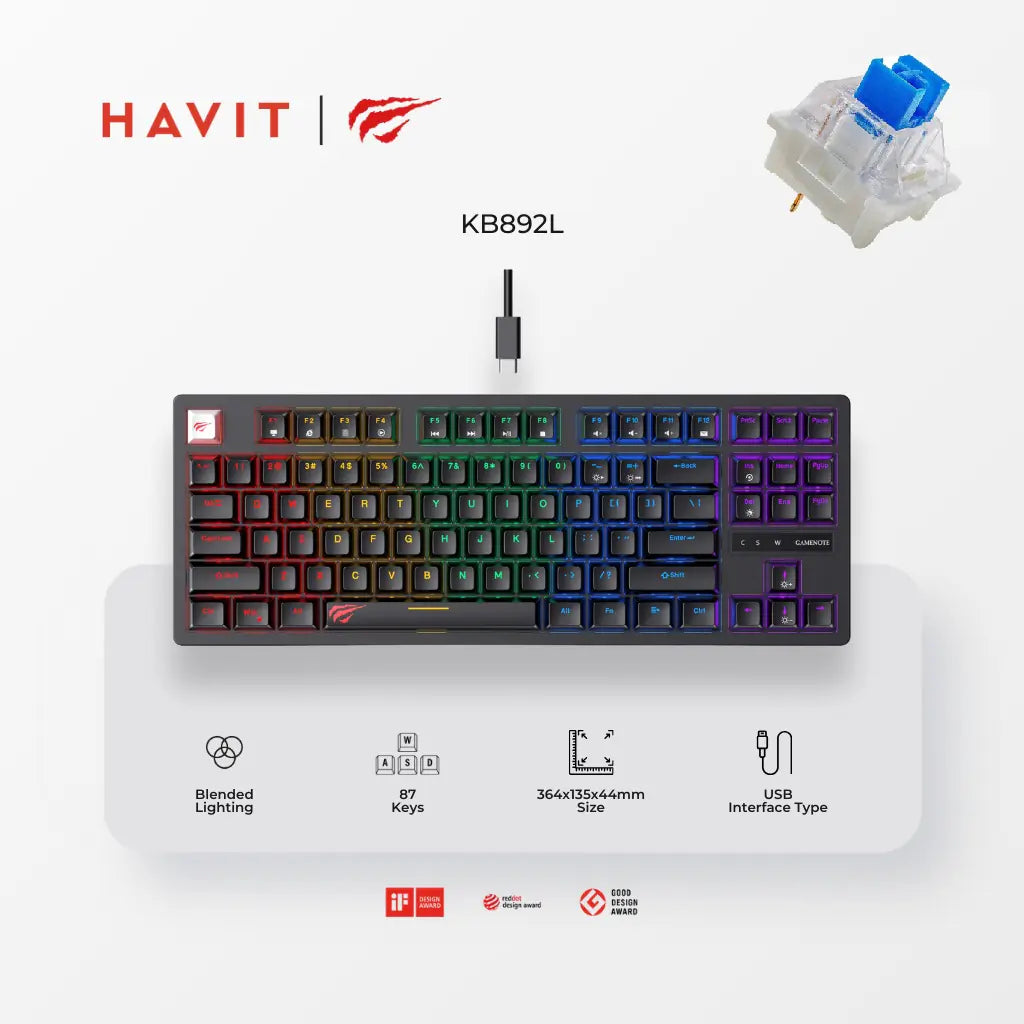 HAVIT KB892L 87-Key RGB Mechanical Gaming Keyboard – Blue Switches, USB Wired, TKL Layout, 50M Keystroke Lifespan, Compact & Ergonomic, 5V 200mA for Pro Performance