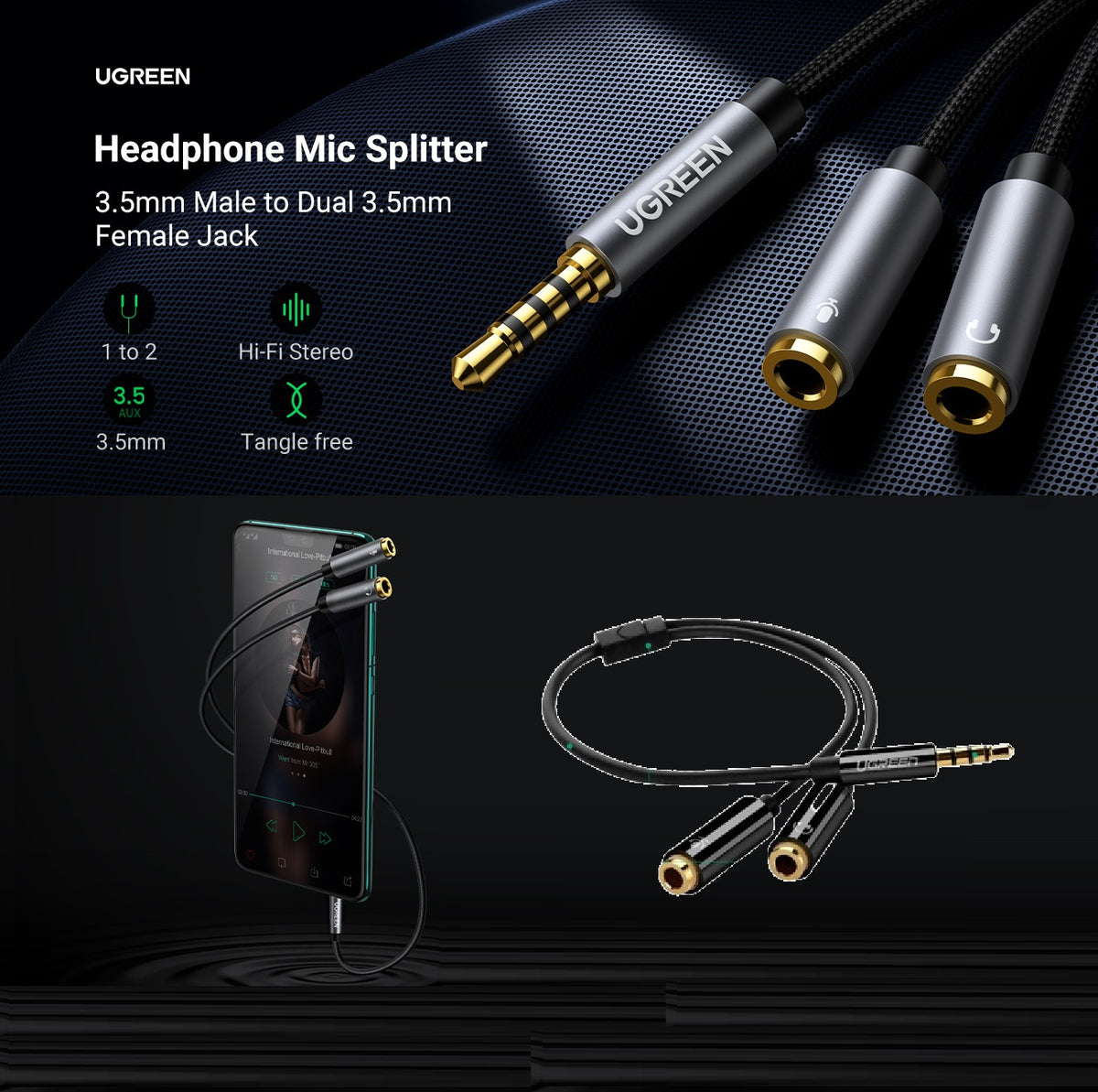 UGREEN Headphone Splitter 3.5mm 2 Female to 1 Male Mic and Audio Y Splitter TRRS Headset Adapter Cable Stereo Compatible with Laptop PS4 Xbox PC Phone Tablet Gaming | UGREEN-30620