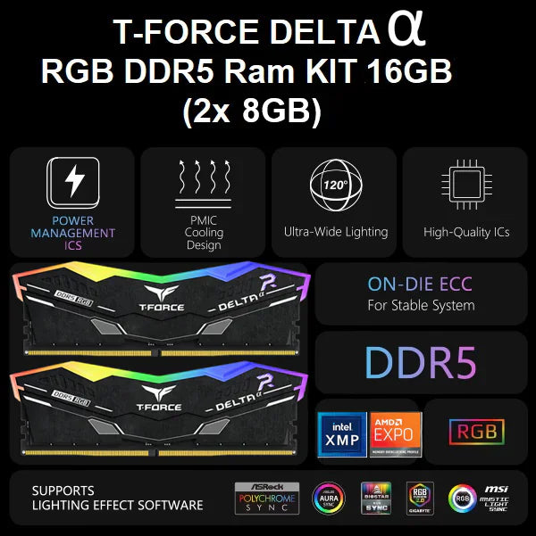 TEAMGROUP T-FORCE DELTA ALPHA RGB DDR5 Ram KIT 16GB (2x8GB) 6000MHz PC5-48000 CL38 1.25V AMD Expo Ready , Intel XMP Compatible Desktop Memory Module RAM |Black FF7D516G6000HC38ADC01