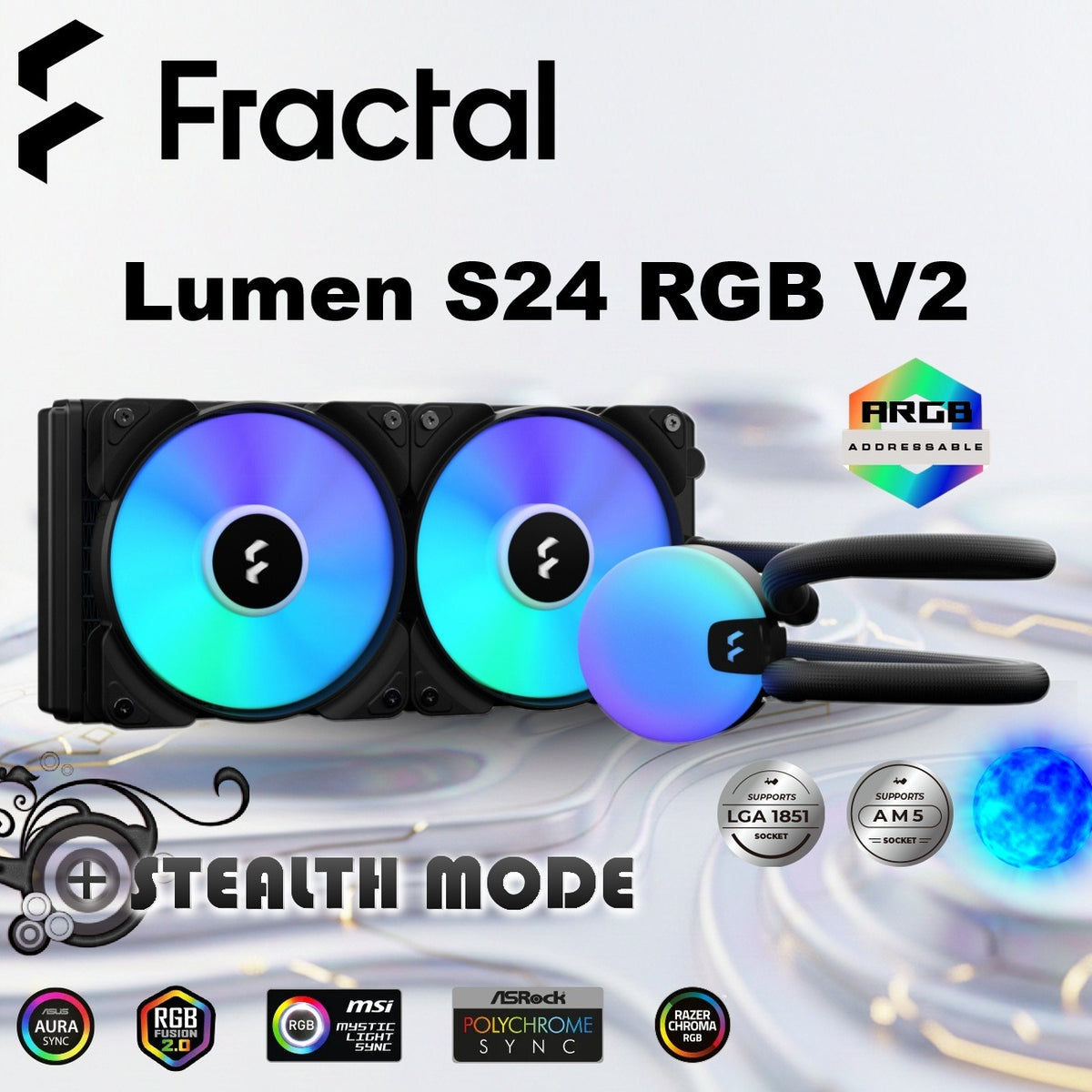 Fractal Lumen S24 RGB V2 ARGB Liquid Cooler With Six Addressable LEDs, Copper Cold Plate, Dual Aspect 12 RGB PWM Fans, Dark Stealth Mode, 400mm Tubes, And Wide Intel/AMD Socket Support | BLACK ~ FD-W-L1-S2412