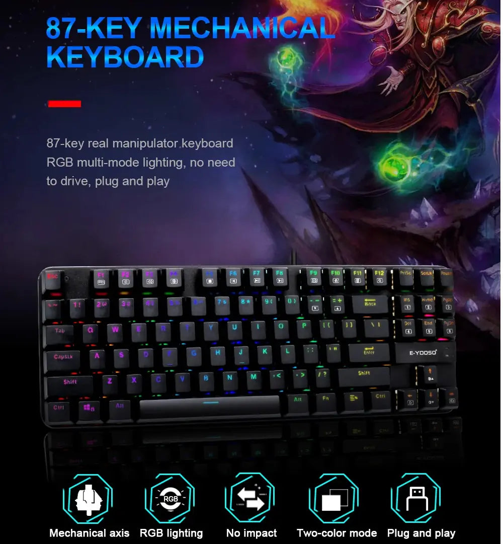 E-YOOSO K630 Wired Mechanical Gaming Keyboard – 87 Keys, Blue Switches, Anti-Ghosting, Ergonomic Design, 12 Multimedia Keys, Windows & Mac Compatible