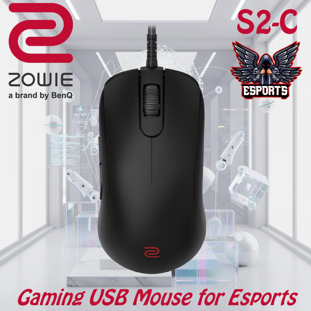 BenQ Zowie S2-C Symmetrical Gaming USB Mouse for Esports ,Weight-Reduced , Paracord Cable & 24-Step Scroll Wheel , Driverless , Matte Black Coating , Small Size Symmetrical Right-Handed