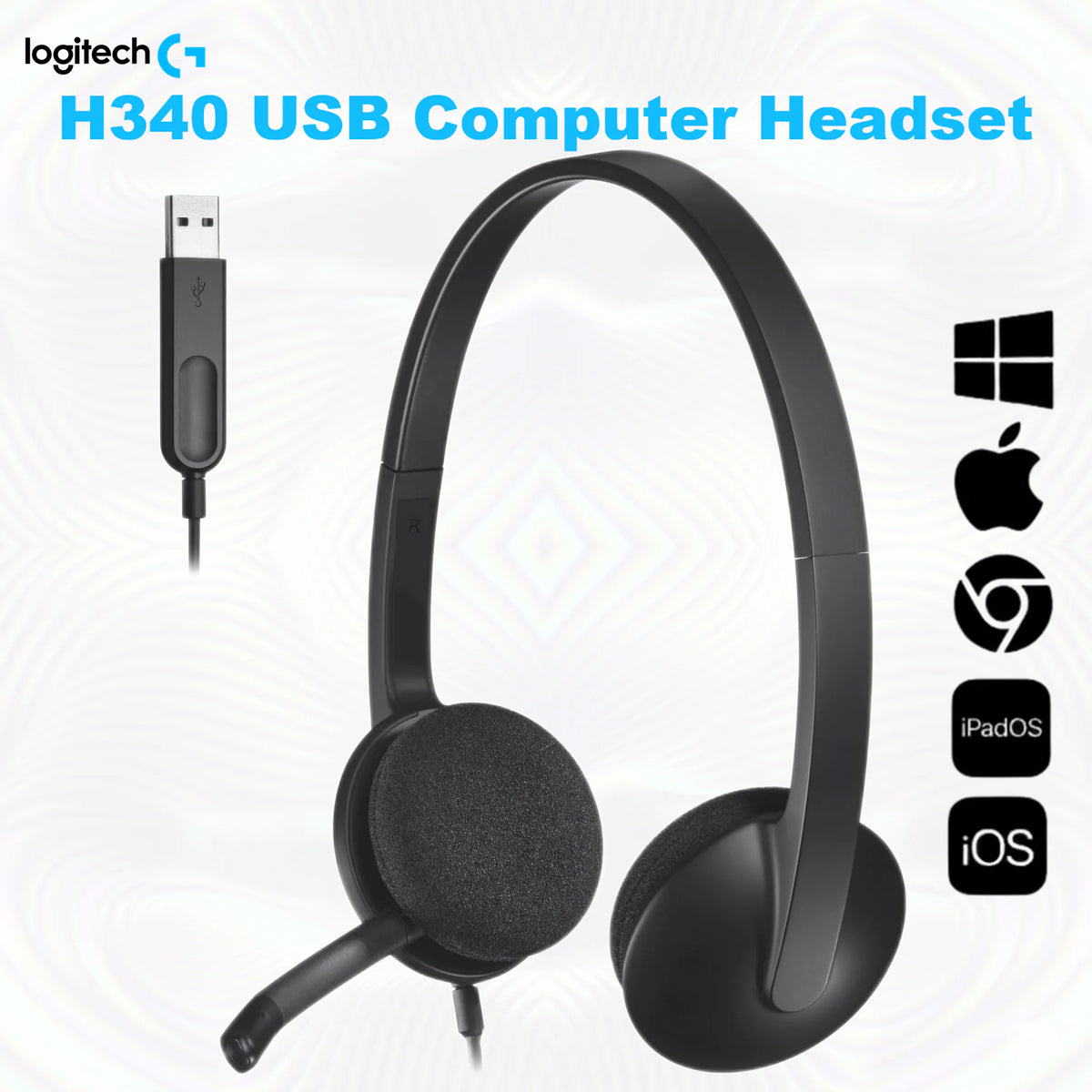 Logitech H340 USB Computer Headset With Digital Stereo Sound, Noise-Canceling Bi-Directional Microphone, Adjustable Lightweight Headband, Plug-And-Play USB-A Connection, for Windows and Mac | BLACK