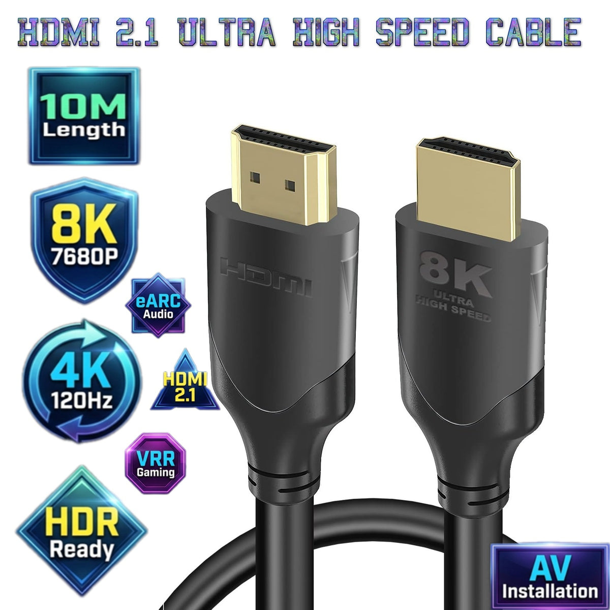 HDMI 2.1 High Speed 8K Cable 10M – Long Distance HDMI Cable Supporting 8K Ultra HD Video, HDR, eARC Audio And Gaming Displays For TVs, Projectors And AV Systems