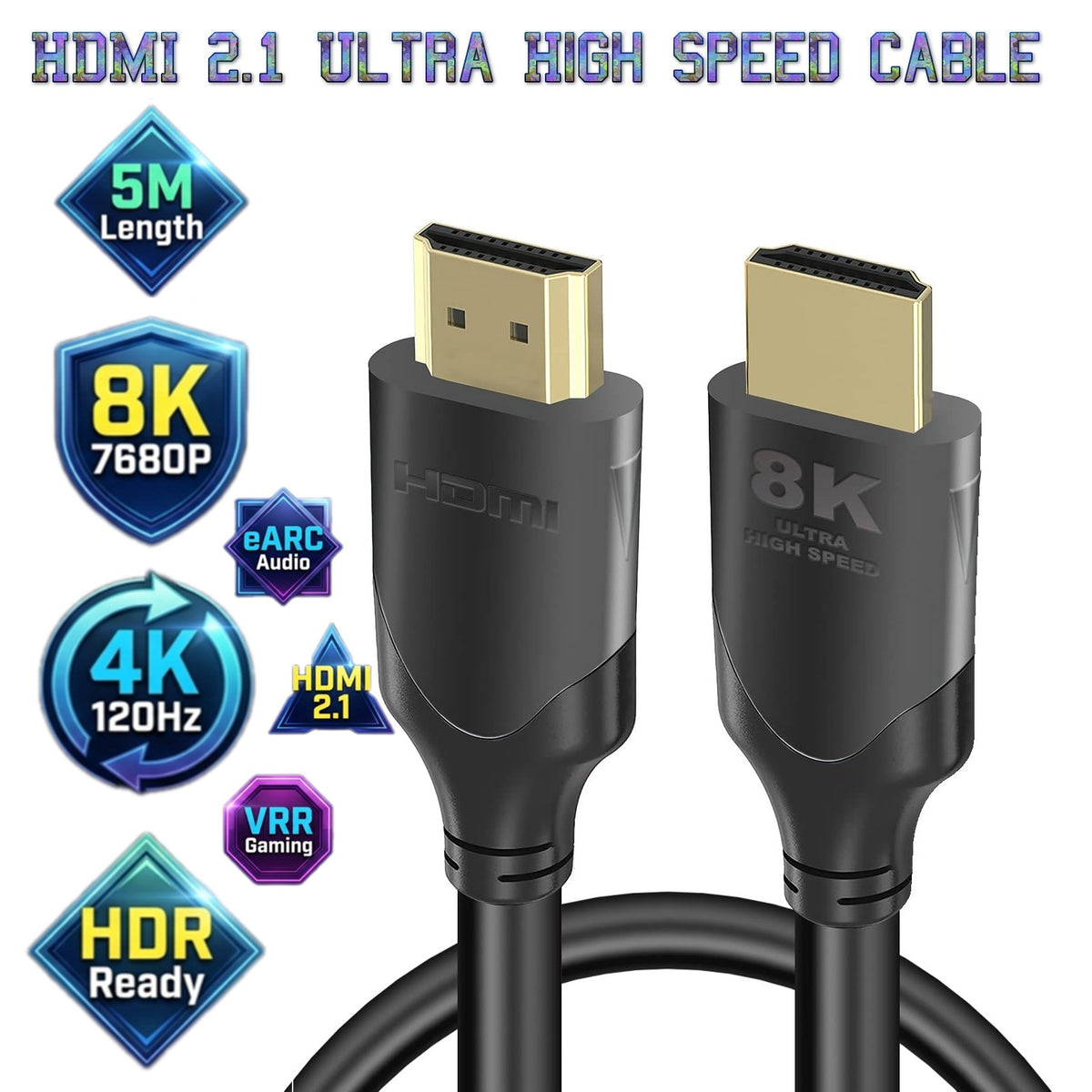 HDMI 2.1 Ultra High Speed Cable 5M – 48Gbps Bandwidth, 8K 60Hz And 4K 120Hz Gaming Support, HDR eARC VRR HDMI Cable For TVs, Gaming Consoles, PCs And Home Theater