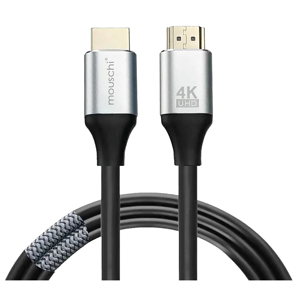 MOUSCHI 5M HDMI Cable with durable metal connectors, supports 4K UHD at 60Hz with 19+1 pins, ideal for home theaters, gaming setups, and high-definition AV devices.