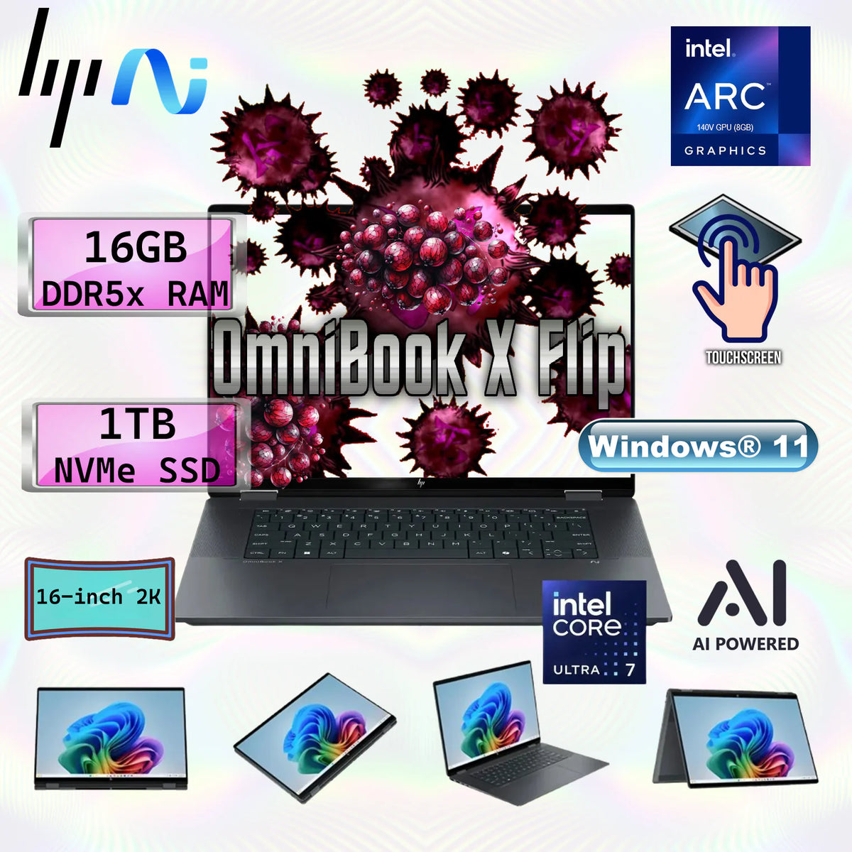 HP OmniBook X Flip AI PC Intel® Core™ Ultra 7 256 Intel® AI Boost (47 NPU TOPS) | 16GB DDR5x RAM ; 1TB NVMe SSD | Intel® Arc™ | 16 inch 2K IPS TouchScreen Display | Backlit Keyboard | Windows 11 | 16-as0023dx Eclipse Gray