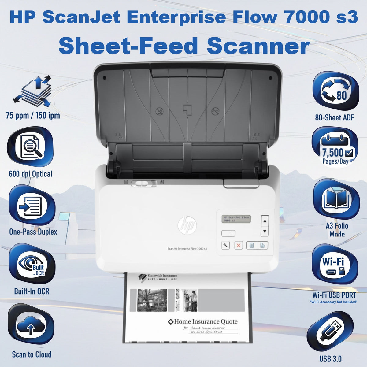 HP ScanJet Enterprise Flow 7000 s3 L2757A Sheet-Feed Scanner, 75ppm 150ipm Duplex, 80-Sheet ADF, 600dpi, OCR, TWAIN ISIS, USB 3.0, 7,500 Page Duty Cycle | WHITE