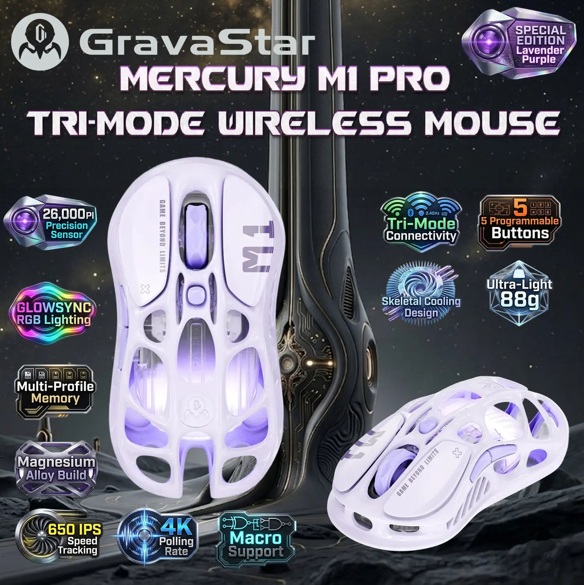 GravaStar Mercury M1 Pro Lavender Purple Gaming Mouse, PAW3395, 26000 DPI, 650 IPS, Tri Mode Wireless, 4K Polling Support, 5 Programmable Buttons, RGB, Magnesium Frame 88g