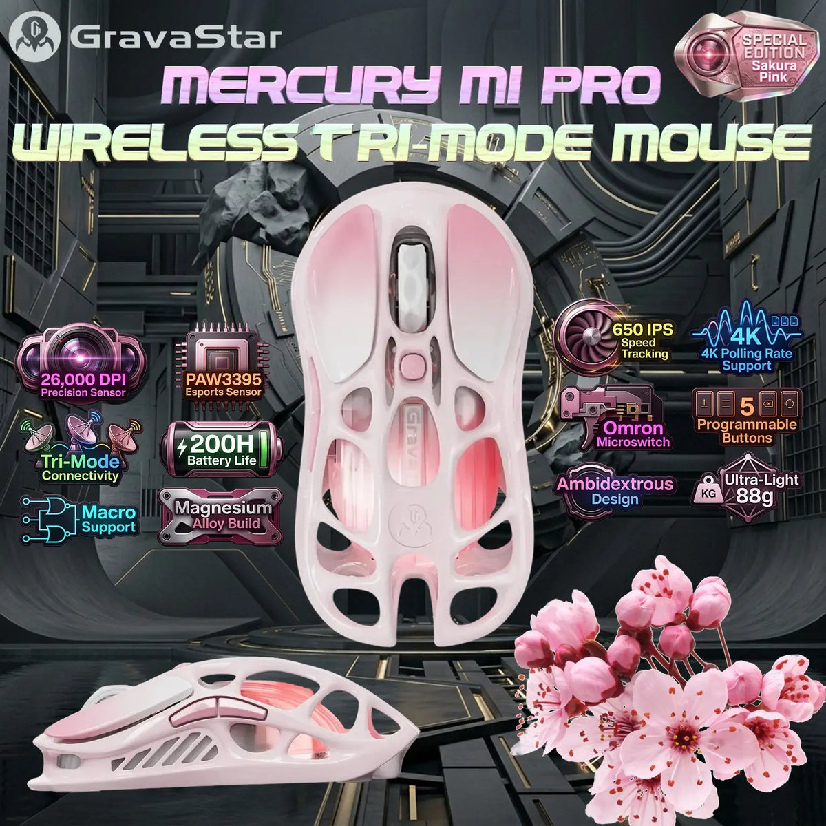 GravaStar Mercury M1 Pro Tri Mode Wireless Sakura Pink Gaming Mouse, PAW3395, 26000 DPI, 650 IPS, 200H Battery, 4K Polling Support, RGB, Magnesium Frame, 5 Programmable Buttons