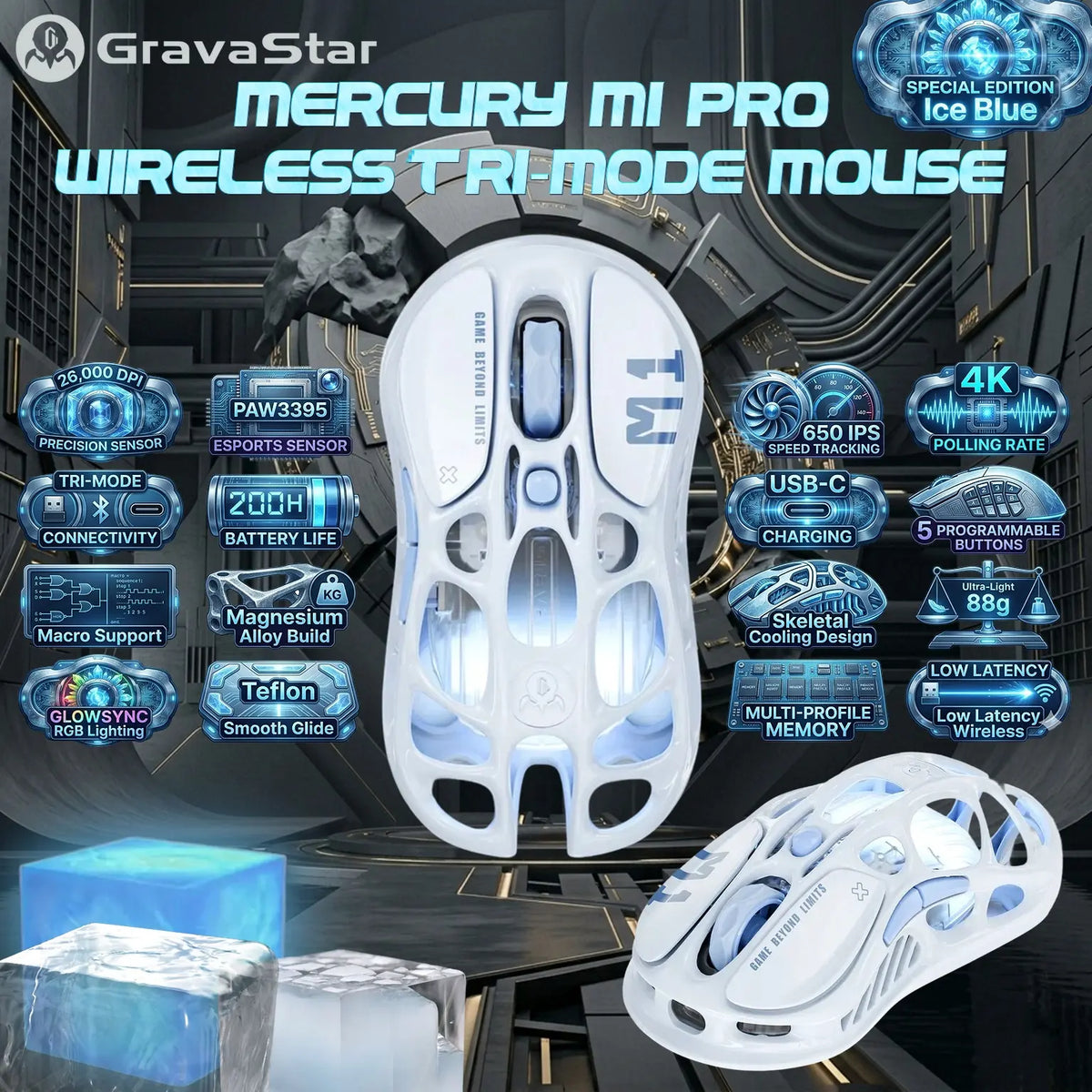 GravaStar Mercury M1 Pro Ice Blue Tri Mode Wireless Gaming Mouse, PAW3395, 26000 DPI, 650 IPS, 200H Battery, 4K Polling Support, RGB, Magnesium Frame, 5 Programmable Buttons