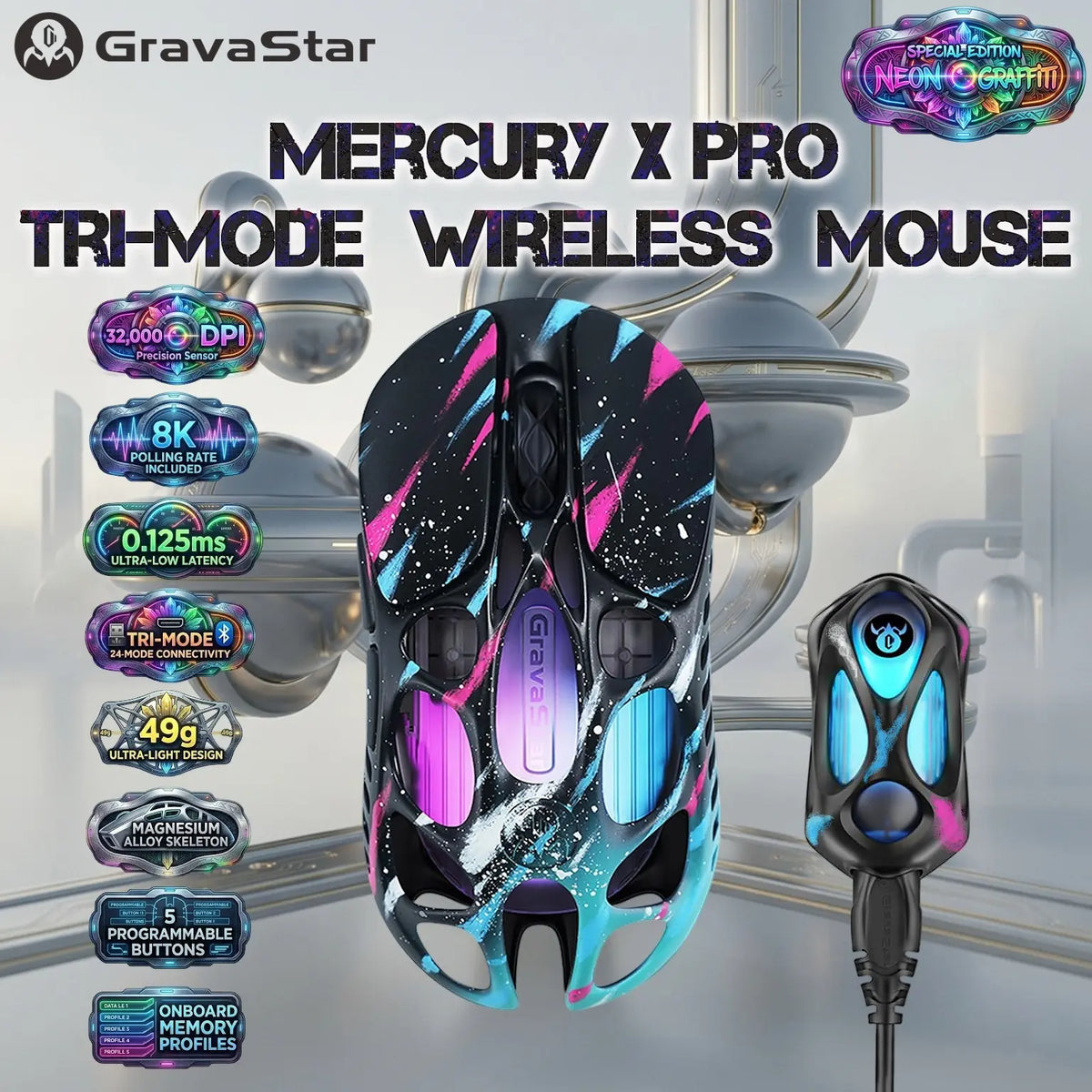 GravaStar Mercury X Pro Neon Graffiti Tri Mode Wireless Gaming Mouse, PAW3950, 32000 DPI, 8K Polling, 49g Ultra Light, RGB, Magnesium Skeleton, 5 Programmable Buttons, 110H Battery
