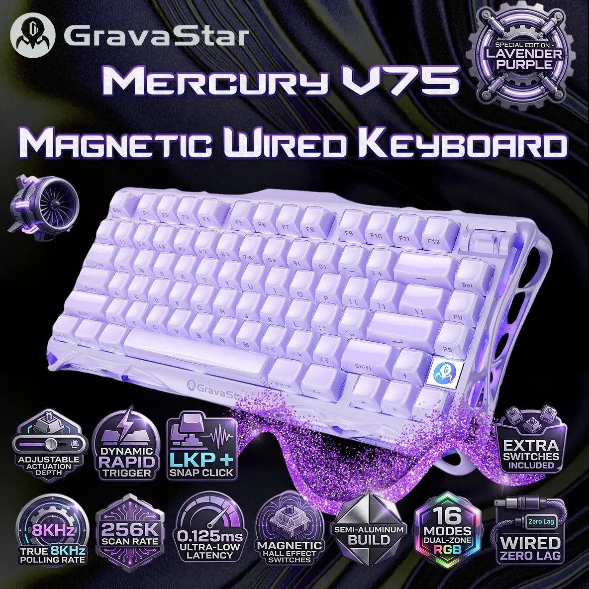 GravaStar Mercury V75 Lavender Purple Magnetic Wired Keyboard, 8KHz Polling, 0.125ms, 256K Scan, 0.005mm Precision, Rapid Trigger, RGB, 75% Layout, Hot Swap, Semi-Aluminum Build