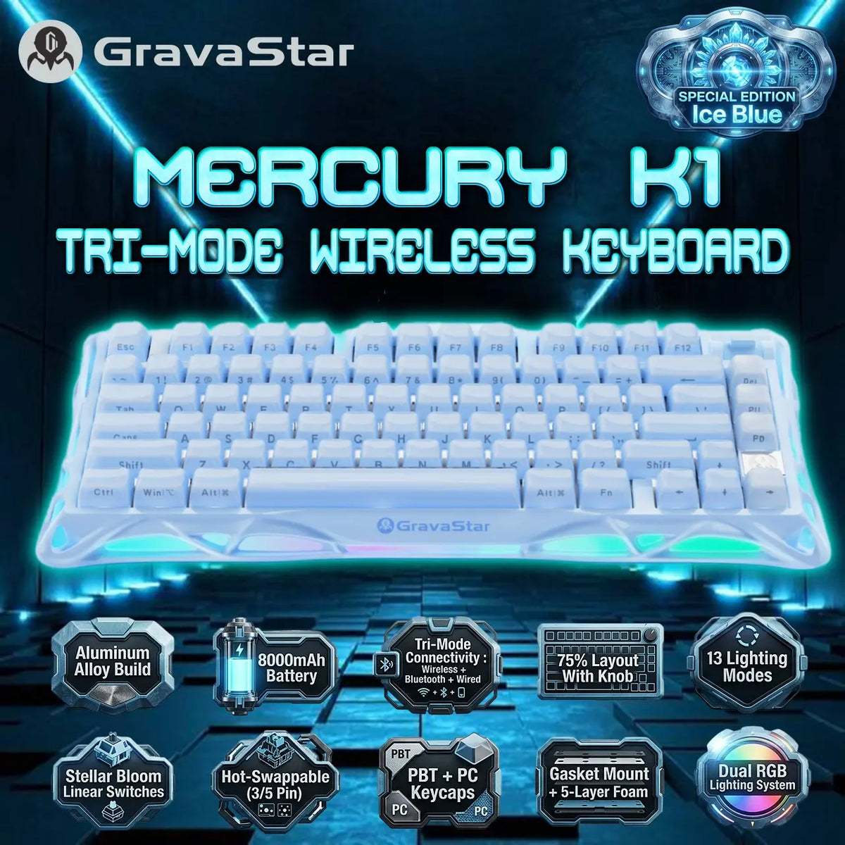 GravaStar Mercury K1 Special Edition Ice Blue keyboard