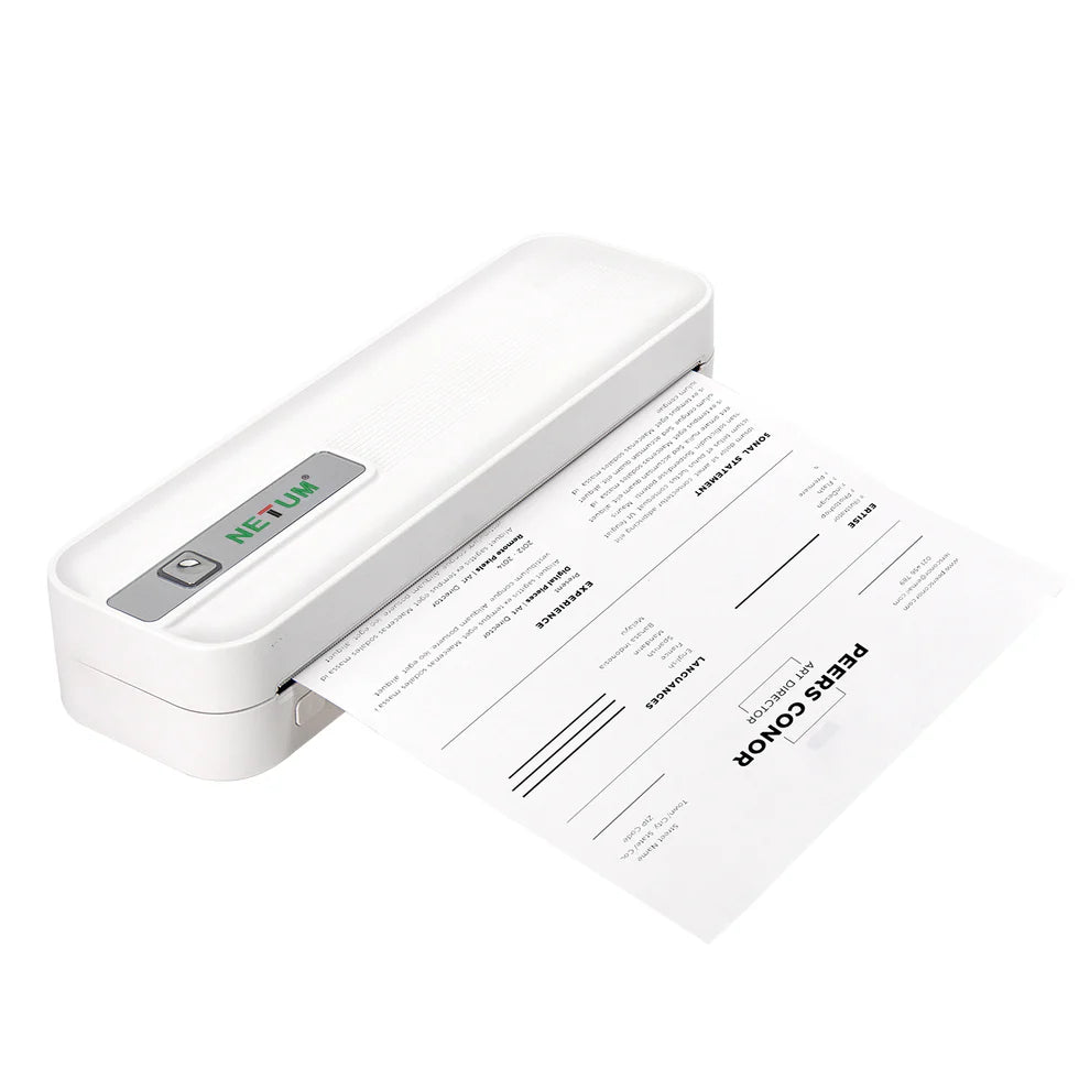 Netum XL-P801 A4 Portable Thermal Printer White With Bluetooth USB Type-C 203DPI 216mm Print Width 2600mAh Battery Inkless Printing 90 Sheets Continuous Compact Design