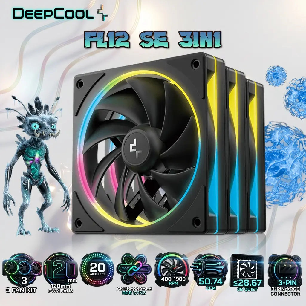 DeepCool FL12 SE 3IN1 120mm PWM ARGB Fan Kit, 3 Pack, 20 Addressable LEDs, Hydro Bearing, 400-1900 RPM, 50.74 CFM, Low Noise 28.67 dB, High Airflow Cooling | BLACK