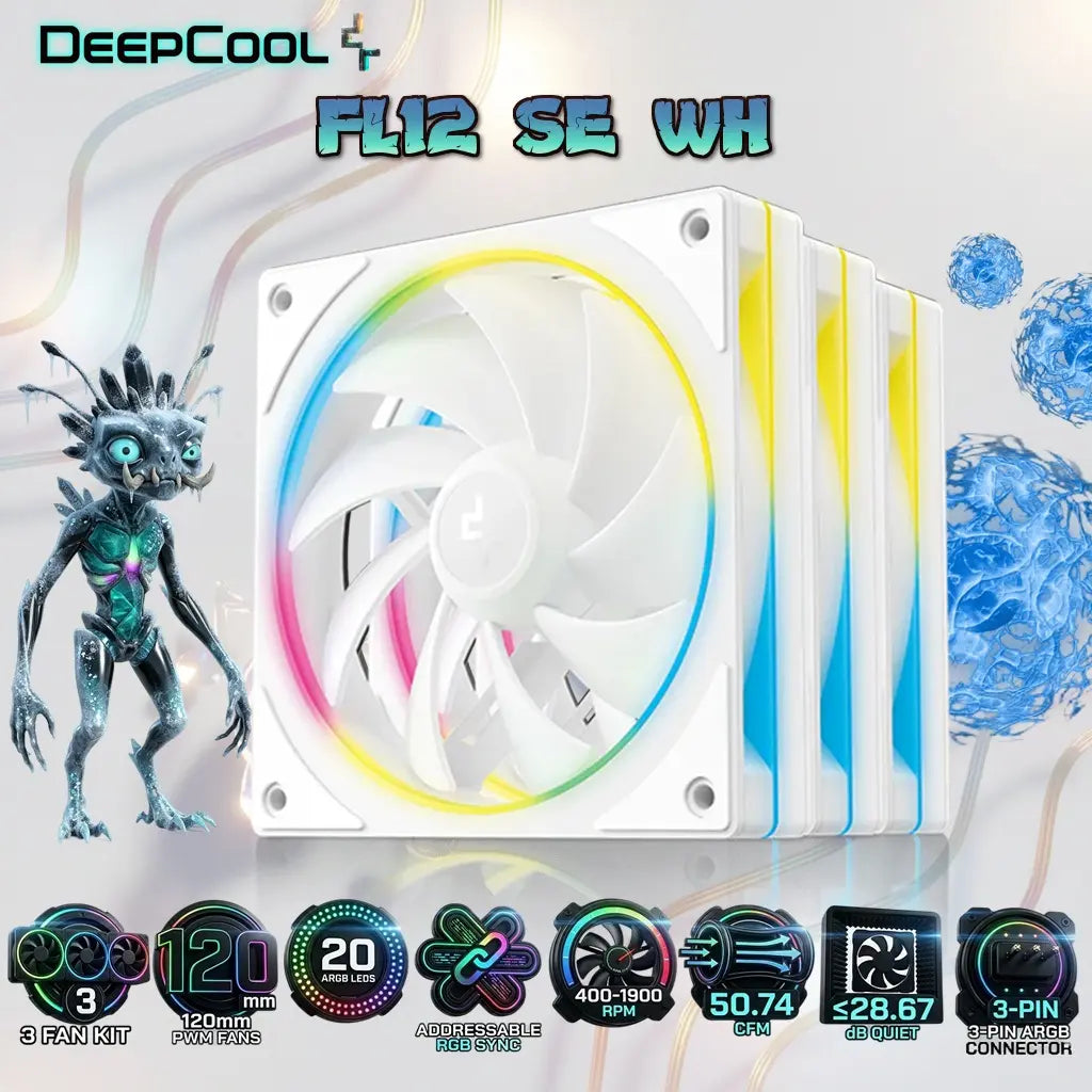 DeepCool FL12 SE WH 3IN1 120mm PWM ARGB Fan Kit, 3 Pack, 20 Addressable LEDs, Hydro Bearing, 400-1900 RPM, 50.74 CFM, Low Noise 28.67 dB, High Airflow Cooling | WHITE