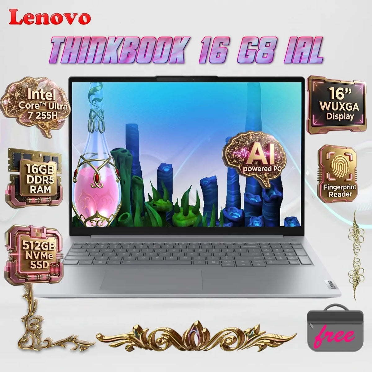 LENOVO ThinkBook 16 G8 IAL Intel® Core Ultra 7 255H Processor | 16GB DDR5 RAM , 512GB NVMe SSD | 16-inch WUXGA Display | Intel® Graphics | Backlit Keyboard | DOS | Laptop Bag Incl. | Arctic Grey