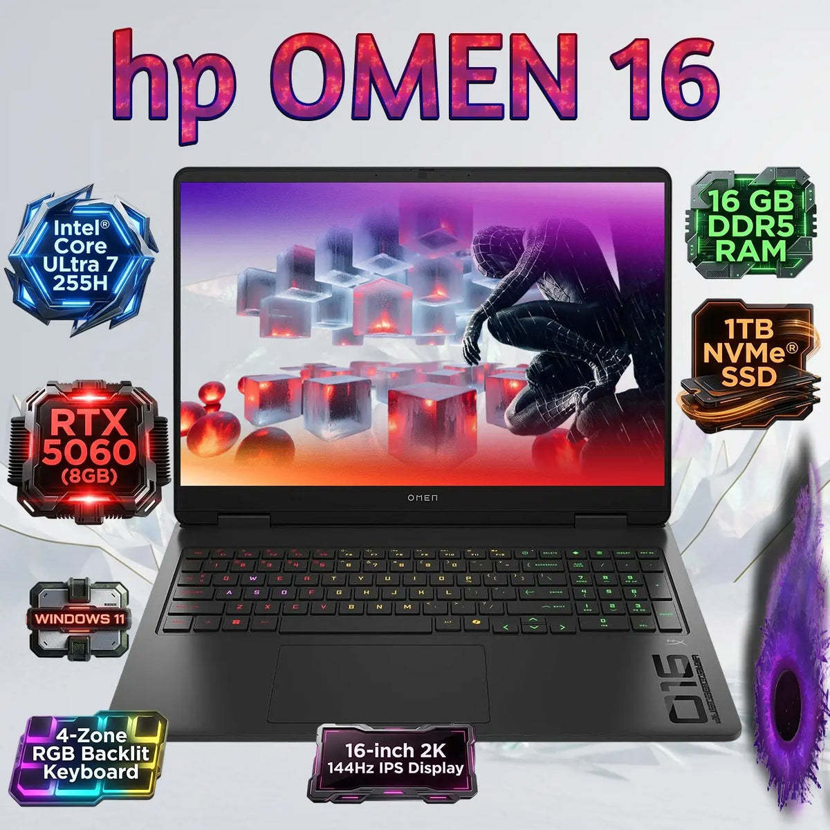hp OMEN 16 : Intel® Core Ultra 7 255H | 16 GB DDR5 RAM ; 1TB NVMe® SSD | RTX 5060 (8GB) | 16-inch 2K 144Hz IPS Display | 4-Zone RGB Backlit Keyboard | Windows 11 | SHADOW BLACK ~ 16-am0073dx