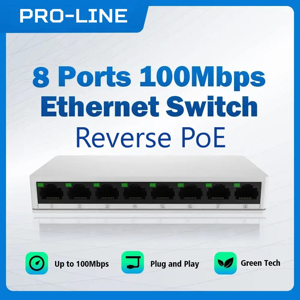 Pro-Line 8 Port Gigabit Reverse PoE Switch, 7x PoE Input & 1x PoE Output Uplink, 24V Passive PoE, Dual Uplink Mode, VLAN Isolation, FTTx Ready, ONU CPE Compatible