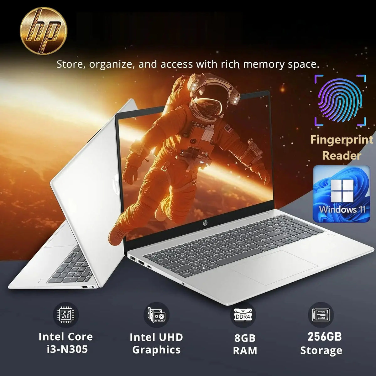 HP 15-fd0133wm : Intel Core i3-N305 | 8GB DDR4 RAM ; 256GB SSD | 15.6 inch FHD IPS Display | Intel® UHD Graphics | Full-size Keyboard | Windows 11 | FingerPrint Reader | Natural Silver