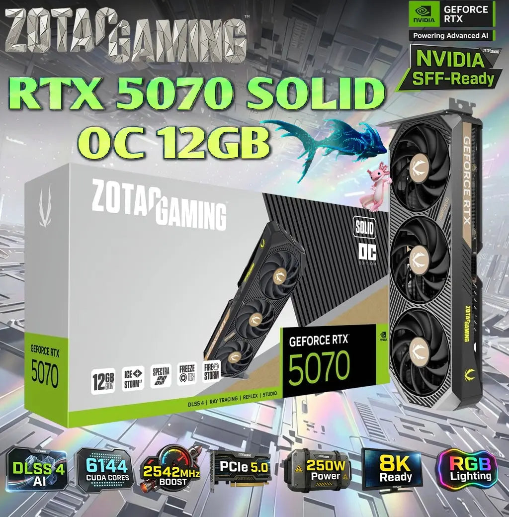ZOTAC GAMING RTX 5070 SOLID OC – 12GB GDDR7, 6144 CUDA Cores , 2542 MHz Boost, Blackwell Architecture, DLSS 4, IceStorm 2.0 Cooling, SFF-Ready, RGB, PCIe 5.0, 4 Display Outputs