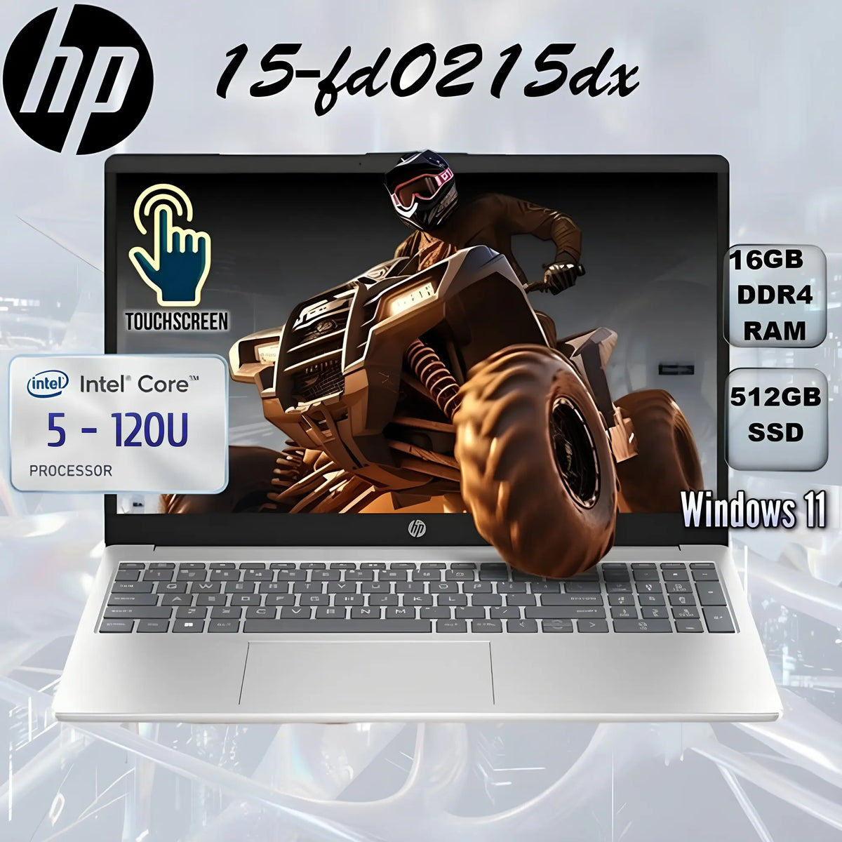 HP 15-fd0215dx : Intel® Core 5 120U | 16GB DDR4 RAM ; 512GB NVMe SSD | 15.6 inch FHD IPS Touch Display | Intel® UHD Graphics | Windows 11 | Natural Silver